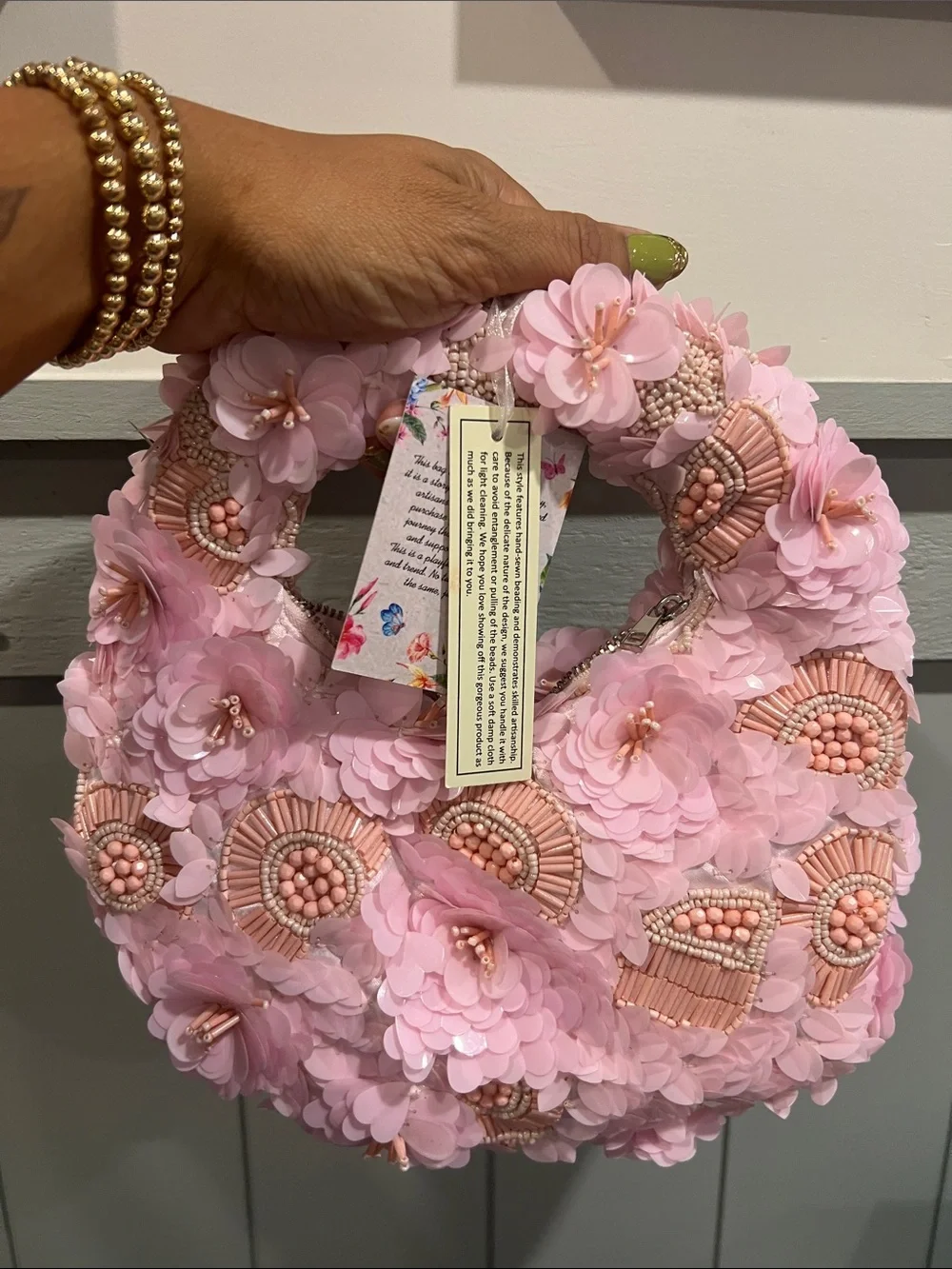 Handcrafted Pink Floral Beaded Tote - India